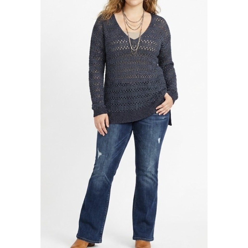 New Ann Taylor Tunic Sweater Medium Blue Crochet Knit V-Neck Long Sleeve Boho